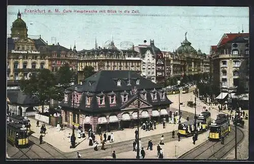 AK Frankfurt, Café Hauptwache mit Blick auf Zeil, Strassenbahnen