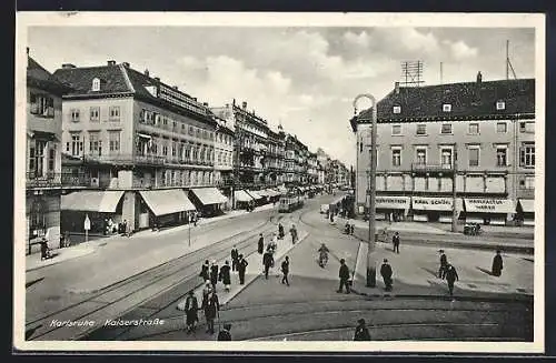 AK Karlsruhe, Kaiserstrasse mit Strassenbahn