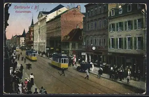 AK Karlsruhe i. B., Kaiserstrasse mit Strassenbahn