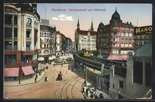 AK Hamburg, Rödingsmarkt mit Alterwail, Strassenbahn