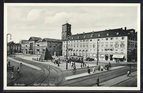 AK Karlsruhe,  Platz mit Strassenbahn