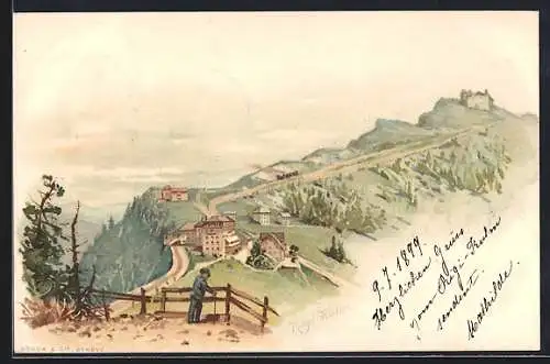 Lithographie Rigi-Kulm, Wanderer vor schöner Aussicht