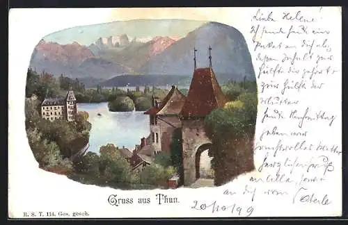 AK Thun, Blick durch die Ortschaft auf den See und die Berge