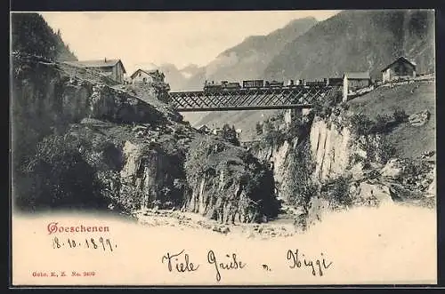 AK Goeschenen, Gotthardbahn überquert Brücke um 1900