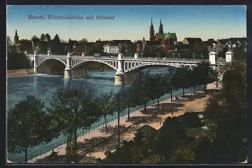 AK Basel, Wettsteinbrücke mit Münster