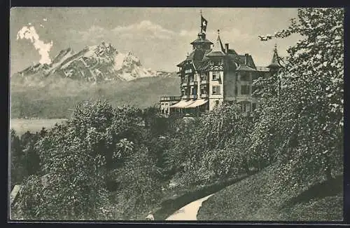 AK Weggis a. Vierwaldstättersee, Hotel Alpenblick mit Pilatus