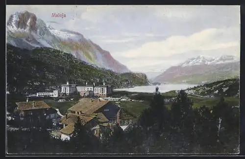 AK Maloja, Ortsansicht mit See und Bergen