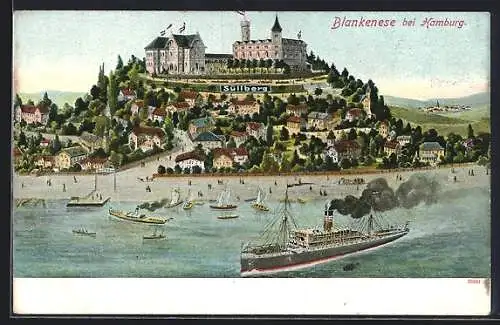 AK Blankenese bei Hamburg, Süllberg mit Hotel und Dampfern