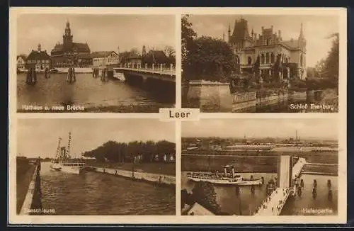 AK Leer / Ostfriesland, Rathaus und neue Brücke, Schloss Evenburg, Seesschleuse, Hafenpartie