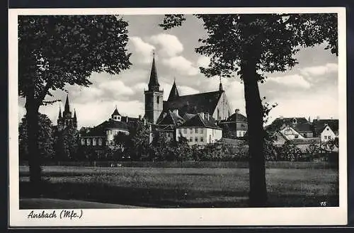 AK Ansbach /Mfr., Ortspartie mit Kirche und Bäumen