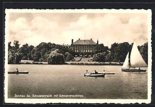 AK Zwickau /Sa., Schwanenteich mit Schwanenschloss