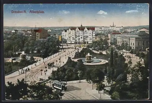 AK Dresden, Blick auf den Albertplatz mit Strassenbahn