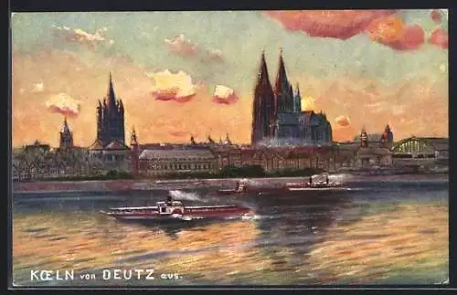 Künstler-AK Köln, Stadtansicht mit Dom und Dampfer