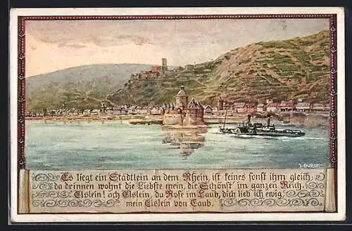 Künstler-AK Kaub, Ortspanorama mit Rhein, Dampfer