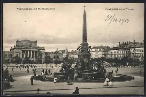 AK Leipzig, Augustusplatz mit Mendebrunnen, Hauptpostamt und Theater