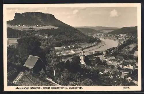 AK Königstein /Sa., Stadtansicht mit Lilienstein aus der Vogelschau