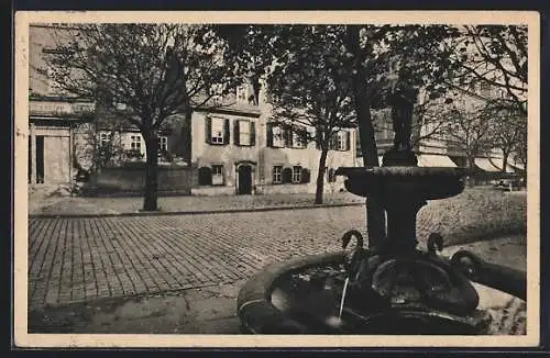 AK Weimar / Thüringen, Das Schillerhaus mit Brunnen