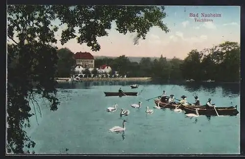 AK Bad Nauheim, Teichhaus mit Ruderern und Schwänen