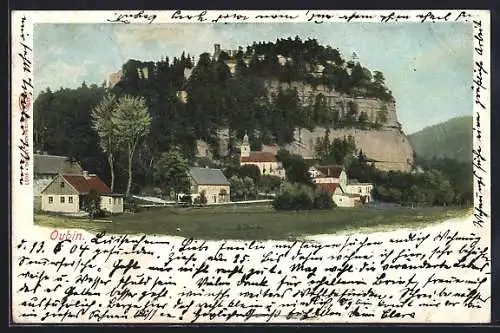 AK Oybin, Ortsansicht mit Bergblick