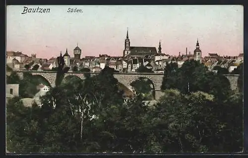 AK Bautzen, Ortsansicht nach Süden, mit Viadukt