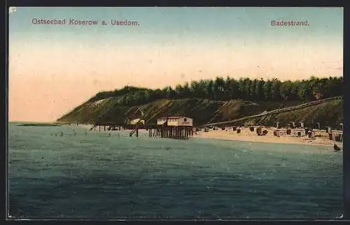 AK Koserow /Usedom, Badestrand mit Damenbad vom Meer aus