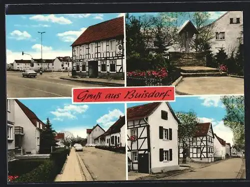 AK Buisdorf, Gasthaus zur Gemütlichen Ecke, Kriegerdenkmal, Strassenpartie