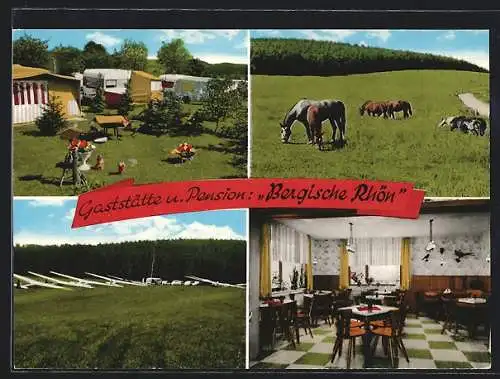 AK Lindlar, Gaststätte und Pension Bergische Rhön v. Irmgard Heinen, Campingplatz, Innenansicht, weidende Pferde