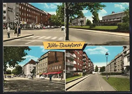 AK Köln-Buchforst, Ortspartie mit Hotel, Strassenpartie mit Strassenbahntrassen