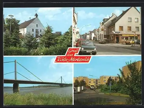 AK Köln-Merkenich, Strassenpartie mit Kiosk, Rheinbrücke, Neubausiedlung