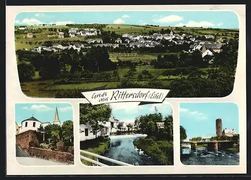 AK Rittersdorf /Eifel, Kleiner Wasserfall, Flussbrücke, Gesamtansicht