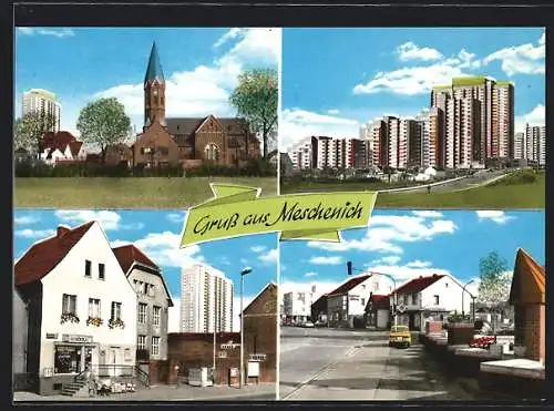 AK Köln-Meschenich, Die Kirche, Hochhaus-Siedlung, Gemischtwarenladen G. Klein