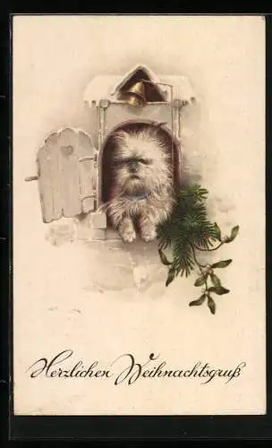 AK Weisser Hund mit Glockenschnur in der Schnauze, Weihnachtsgruss