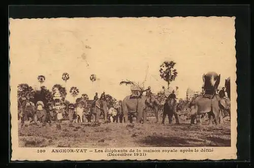 AK Angkor-Vat, Les éléphants de la maison royale après le défilé, 1921