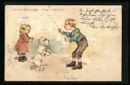 Lithographie Der kleine Lehrmeister, Knabe, Scotch Terrier und kleine Zuschauerin