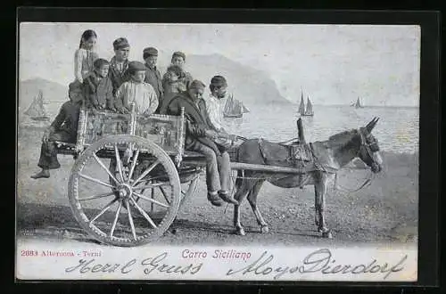 AK Carro Siciliano, Eselgespann mit Kindergruppe am Meer