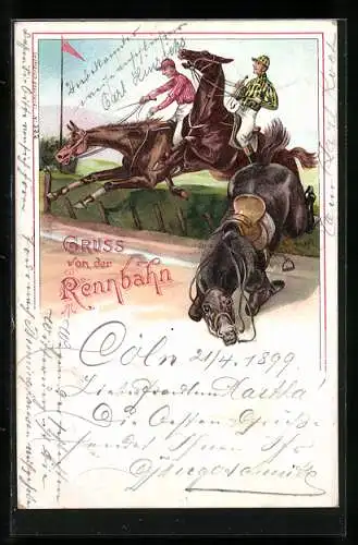 Lithographie Reitpferd ohne Reiter und Jockeys beim Rennen, Karikatur