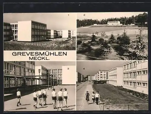 AK Grevesmühlen / Meckl., Polytechnische Oberschule, Sportplatz, Neubauten am Wilhelm Pieck Ring