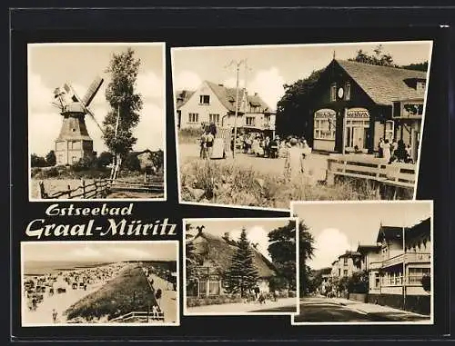 AK Graal-Müritz, Windmühle, Milch-Bar Seestern, Strandpartie