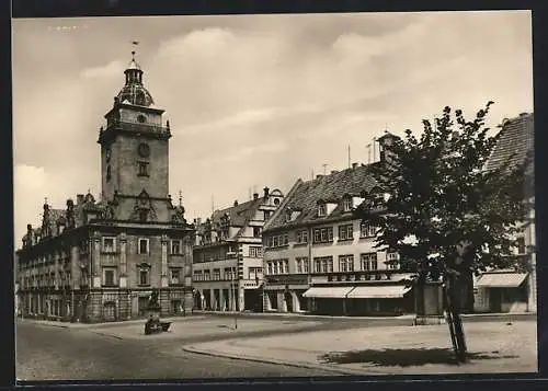 AK Gotha, Rathaus mit Geschäften und Brunnen