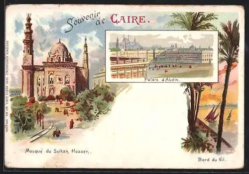 Lithographie Caire, Mosquée du Sultan Hassen, Palais d`Abdin, Bord du Nil