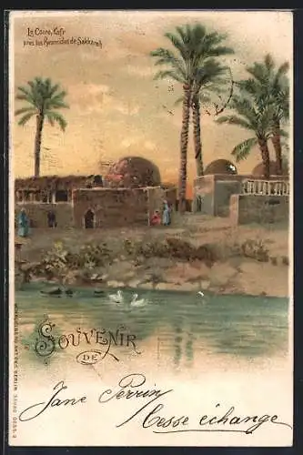 Lithographie Le Caire-Kafr, Panorama pres les Pyramides de Sakkarah