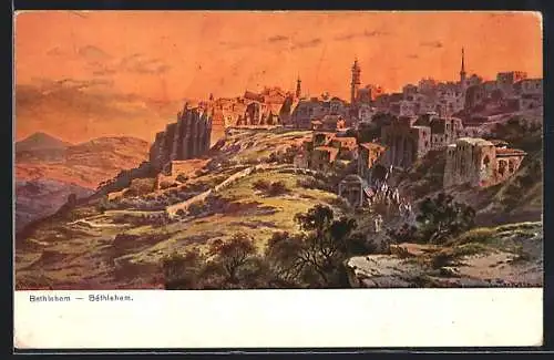 Künstler-AK Friedrich Perlberg: Bethlehem, Blick hinauf zur Stadt bei Sonnenuntergang