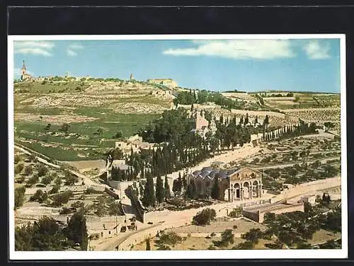 AK Jerusalem, Der Ölberg aus der Vogelschau, vorn Kirche und Garten Gethsemane