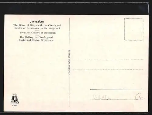 AK Jerusalem, Der Ölberg aus der Vogelschau, vorn Kirche und Garten Gethsemane