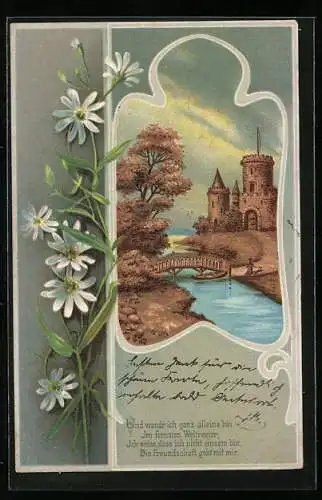 Kork-AK Schlösschen am Fluss, Blumen, Jugendstil