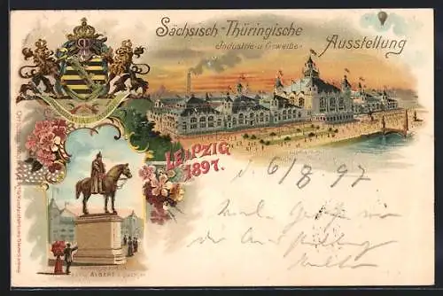 Lithographie Leipzig, Sächs.-Thüringische Industrie- u. Gewerbe-Ausstellung 1897, Wappen, Ballon, Denkmal, Halle