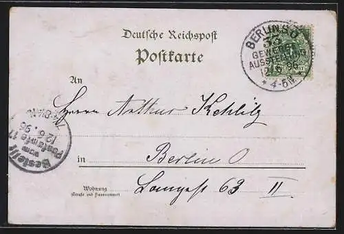 Lithographie Berlin, Gewerbe-Ausstellung 1896, Spreewaldschänke, Wasserturm, Haupt-Ausstellungsgebäude