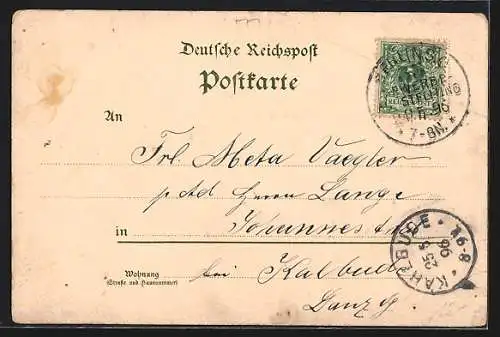 Lithographie Berlin, Gewerbe-Ausstellung 1896, Spreewaldschänke, Wasserturm, Haupt-Ausstellungsgebäude