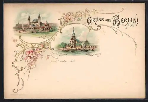 Lithographie Berlin, Gewerbe-Ausstellung 1896, Gebäude für Fischerei, Haupt-Ausstellungsgebäude