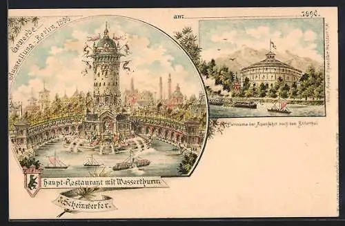 Lithographie Berlin, Gewerbe-Ausstellung 1896, Haupt-Restaurant mit Wasserthurm, Panorama der Alpenfahrt nach Zillertal